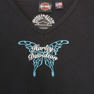 Harley Davidson Embroidered V-Neck Cotton Tee